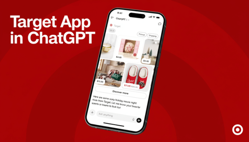 A smartphone displaying the Target app interface within ChatGPT, showcasing various products like candles, slippers, and home decor against a red background with the text Target App in ChatGPT.