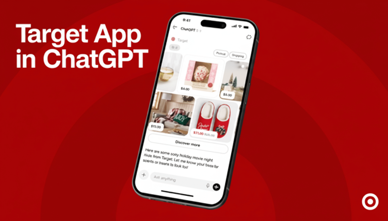 A smartphone displaying the Target app interface within ChatGPT, showcasing various products like candles, slippers, and home decor against a red background with the text Target App in ChatGPT.