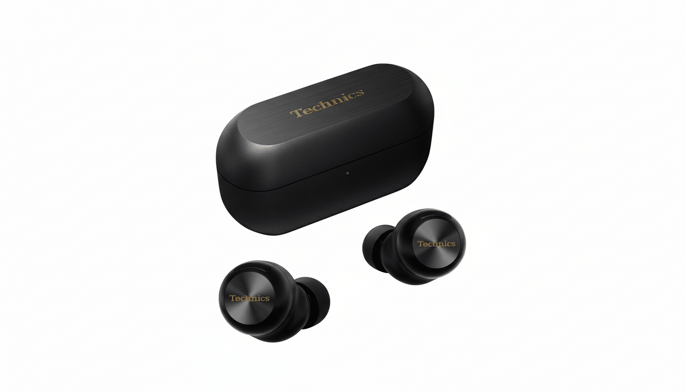 A pair of black Technics wireless earbuds and their charging case, presented on a white background.
