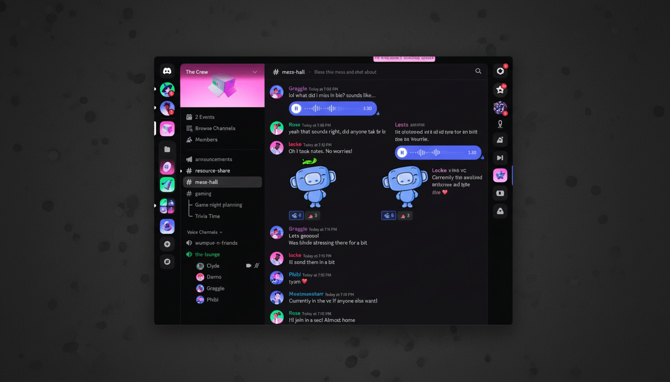 A screenshot of a Discord chat interface, resized to a 16:9 aspect ratio. The chat shows various user messages and a blue robot character. The background has been changed to a professional flat design with soft patterns, while the Discord interface remains unchanged.