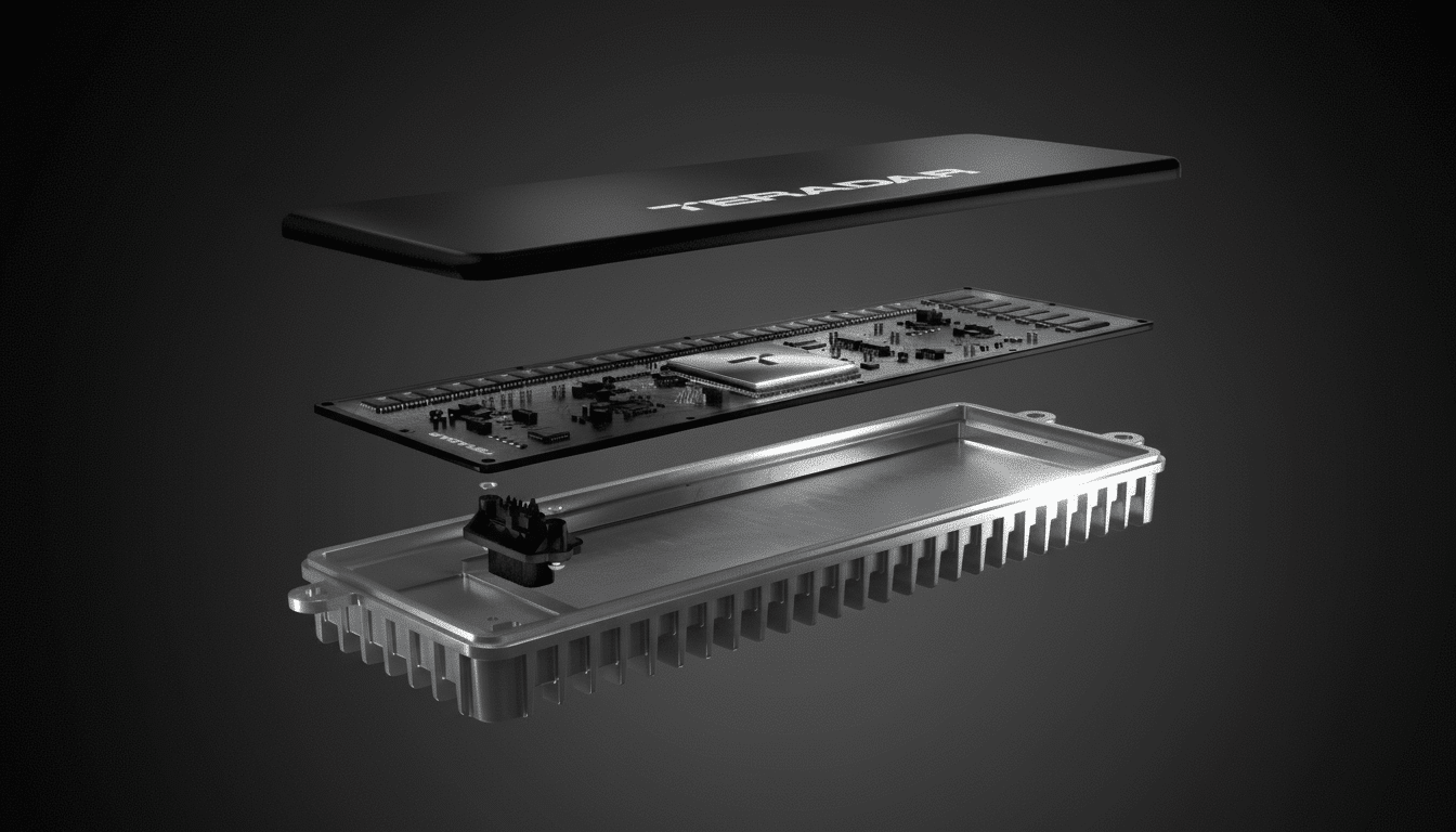 An exploded view of a Teradar radar unit, showing its internal components including a circuit board, a heat sink, and the outer casing, all against a dark background.