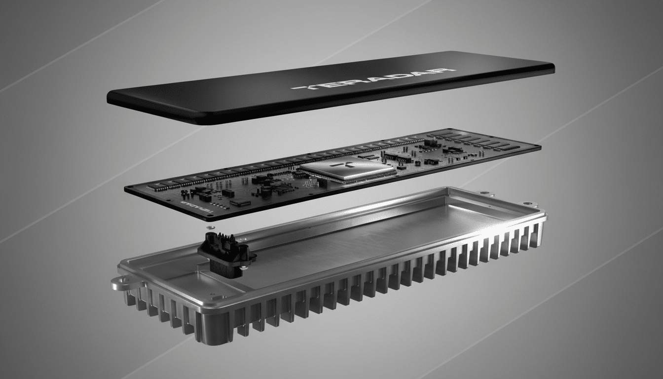 An exploded view of a Teradar device, showing its internal components including a circuit board and a heat sink, presented on a professional flat design background with soft patterns.
