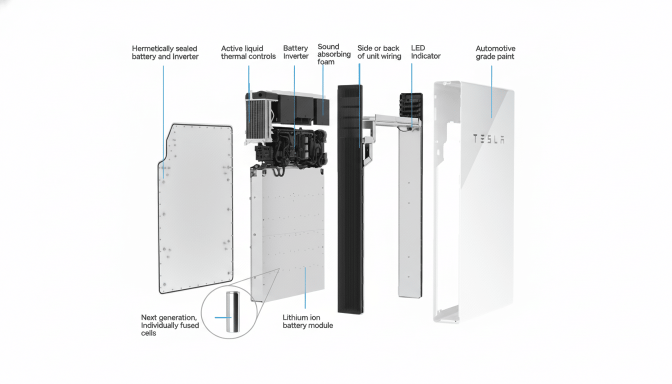 An exploded view diagram of a Tesla Powerwall, showing its internal components such as the hermetically sealed battery and inverter, active liquid thermal controls, sound absorbing foam, lithium-ion battery module, and next-generation individually fused cells.