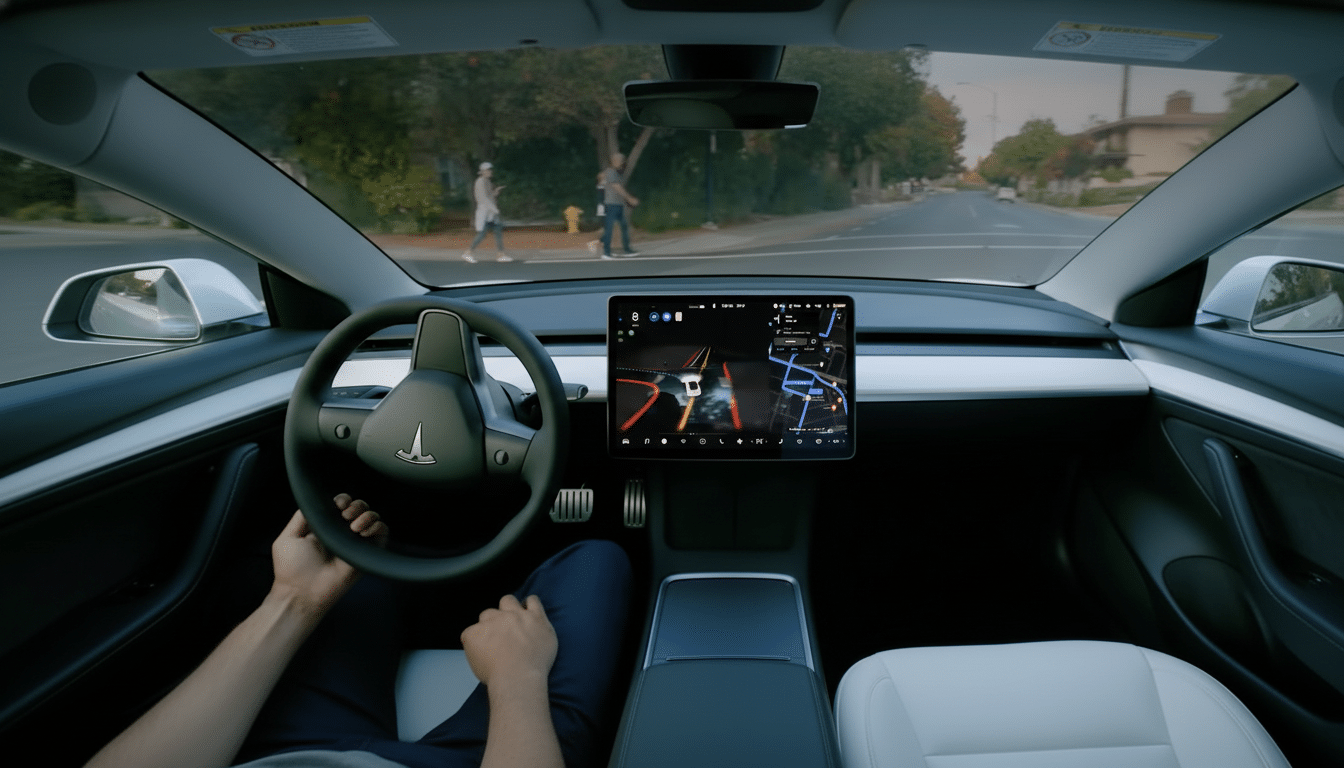 A persons hands on the steering wheel of a Tesla, with the cars central display showing navigation and a simulated view of the road ahead.