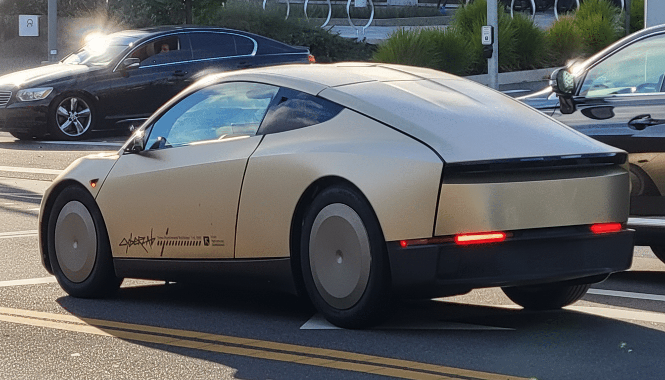 A gold Aptera solar electric vehicle driving on a street, with other cars and buildings in the background.