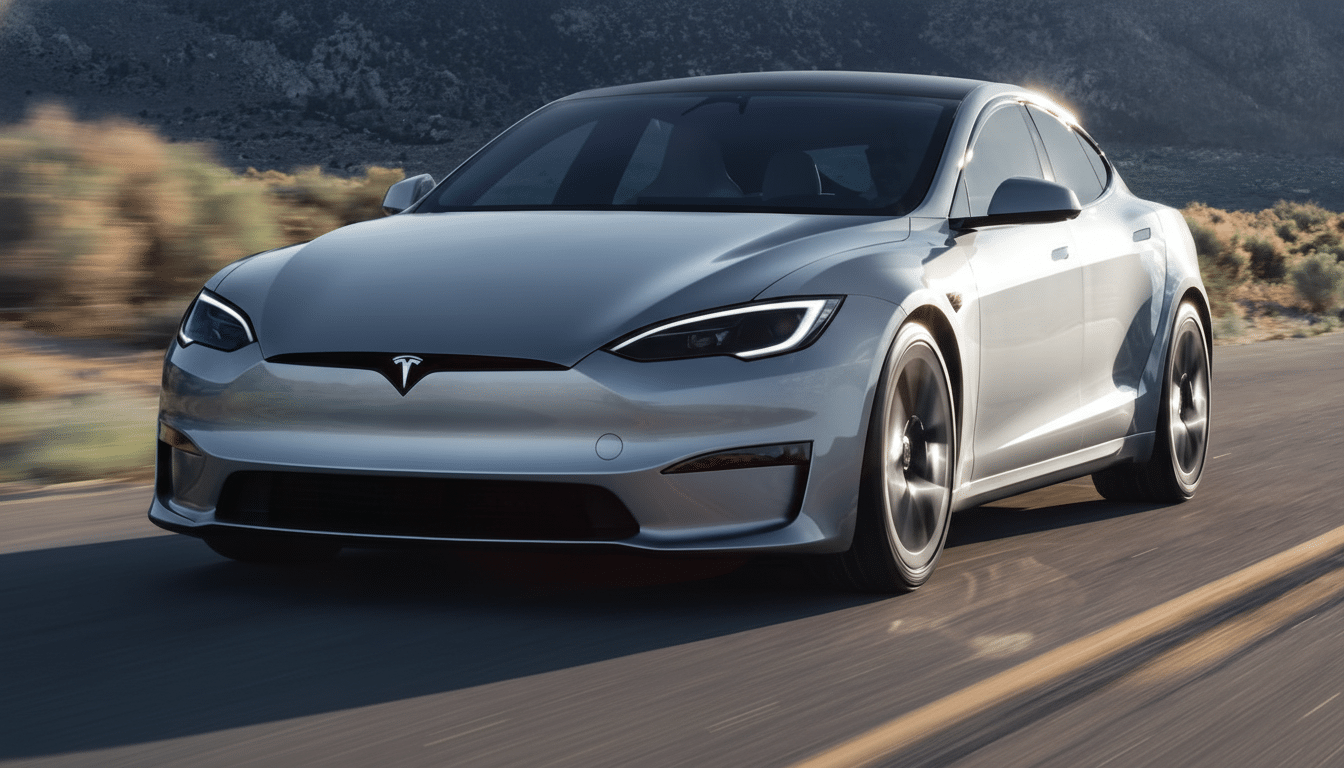 A silver Tesla Model S driving on a road with mountains in the background, resized to a 16:9 aspect ratio.