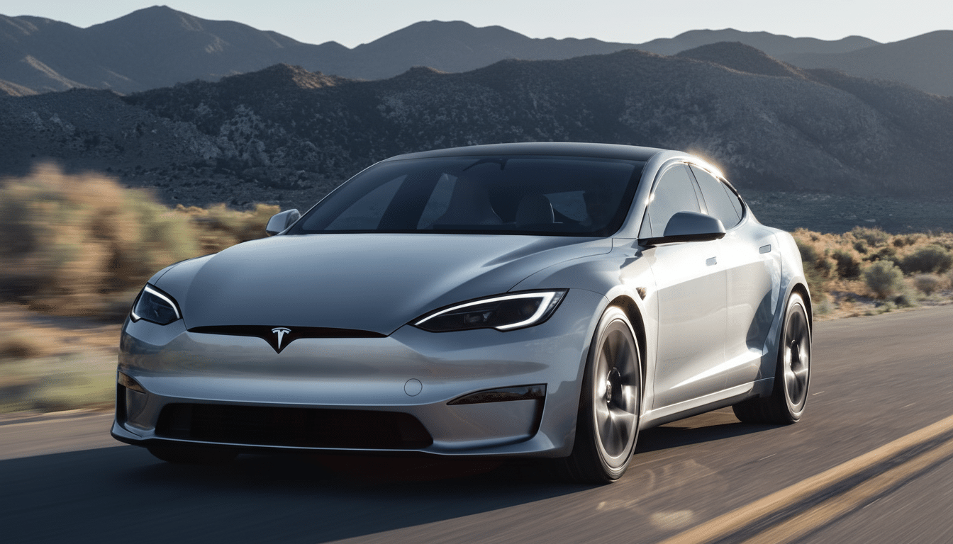 A silver Tesla Model S driving on a road with mountains in the background, resized to a 16:9 aspect ratio.
