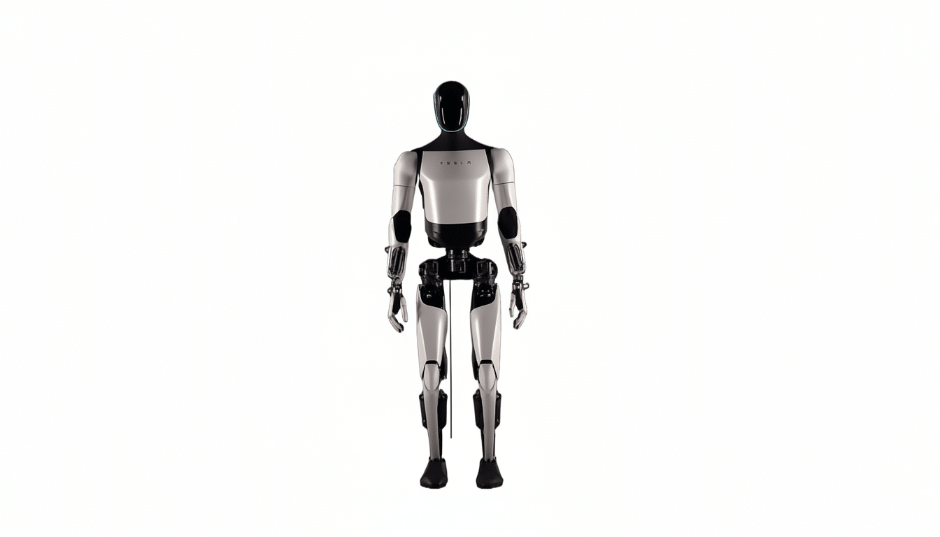 A Tesla Optimus robot standing upright against a plain white background, resized to a 16:9 aspect ratio.