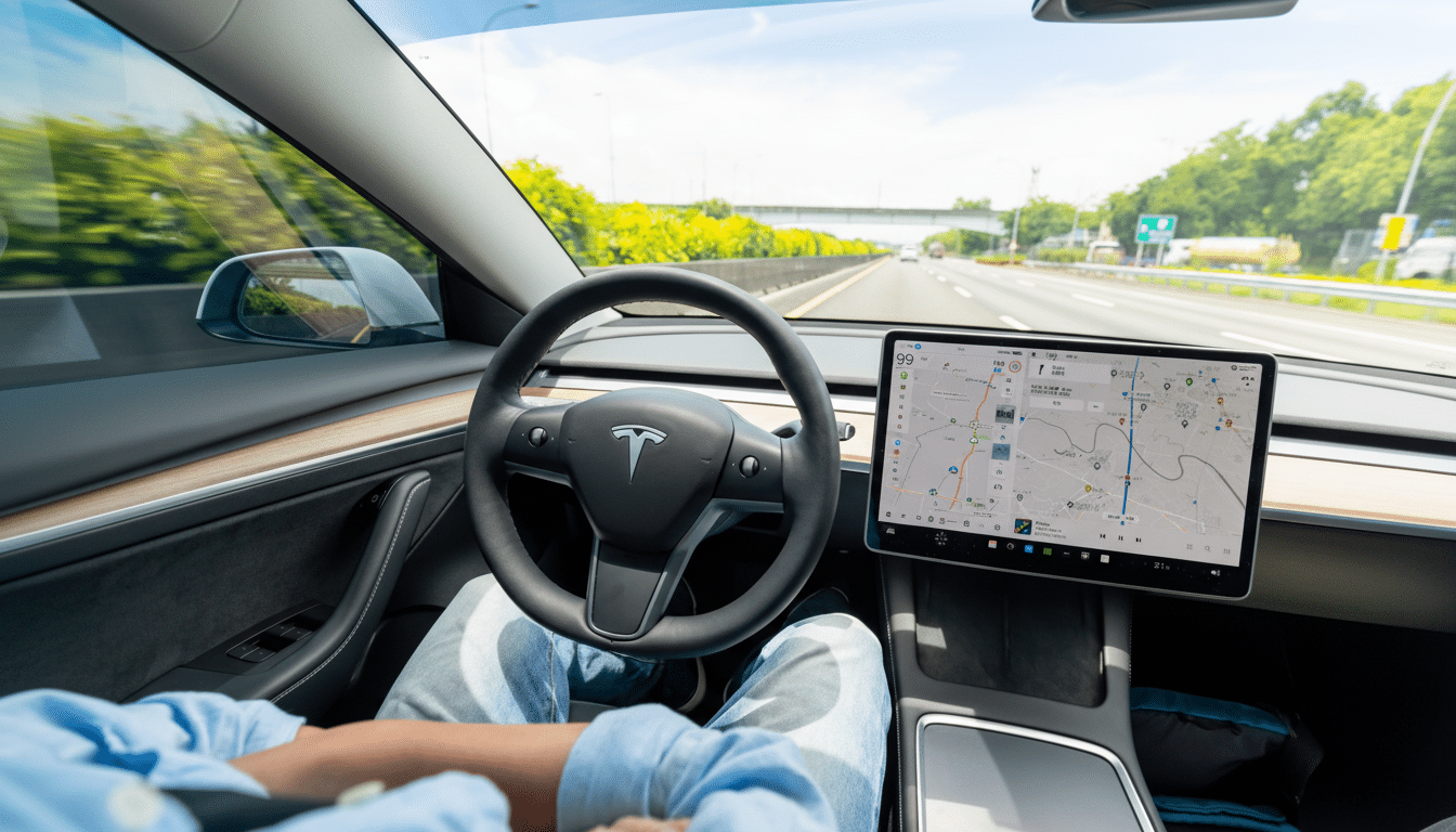 A person driving a Tesla on a highway, with the cars navigation system displayed on the central screen.