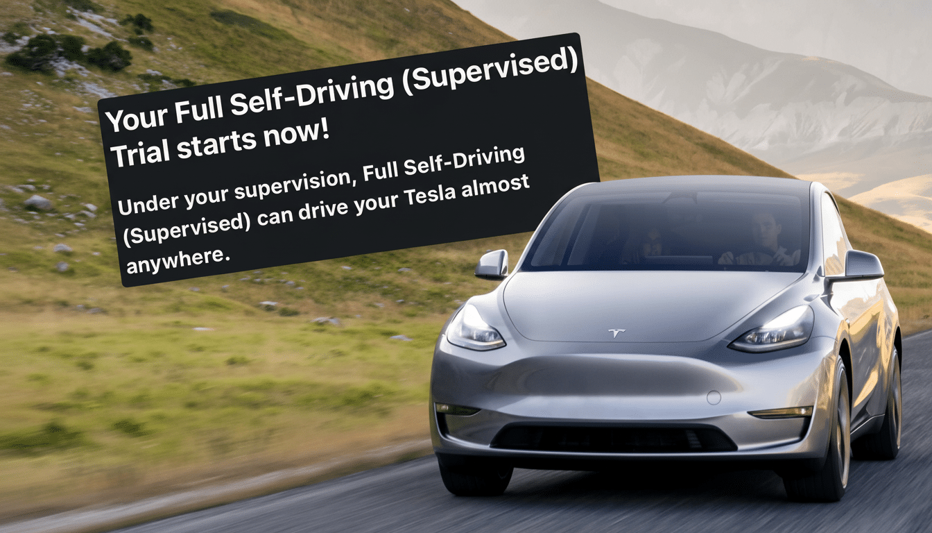 A Tesla Model Y driving on a winding road with mountains in the background, overlaid with a black text box announcing Your Full Self-Driving (Supervised) Trial starts now!