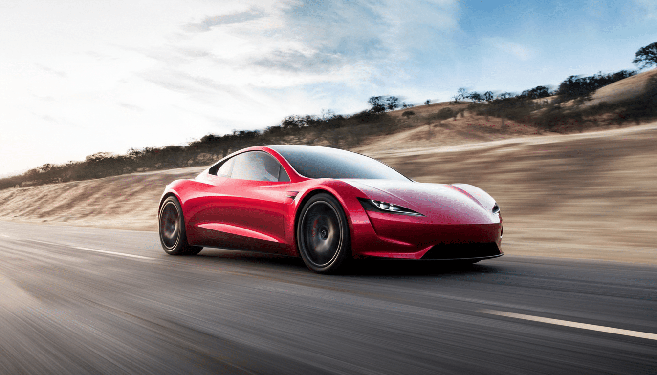 A red Tesla Roadster driving on a winding road with a blurred background of hills and sky.