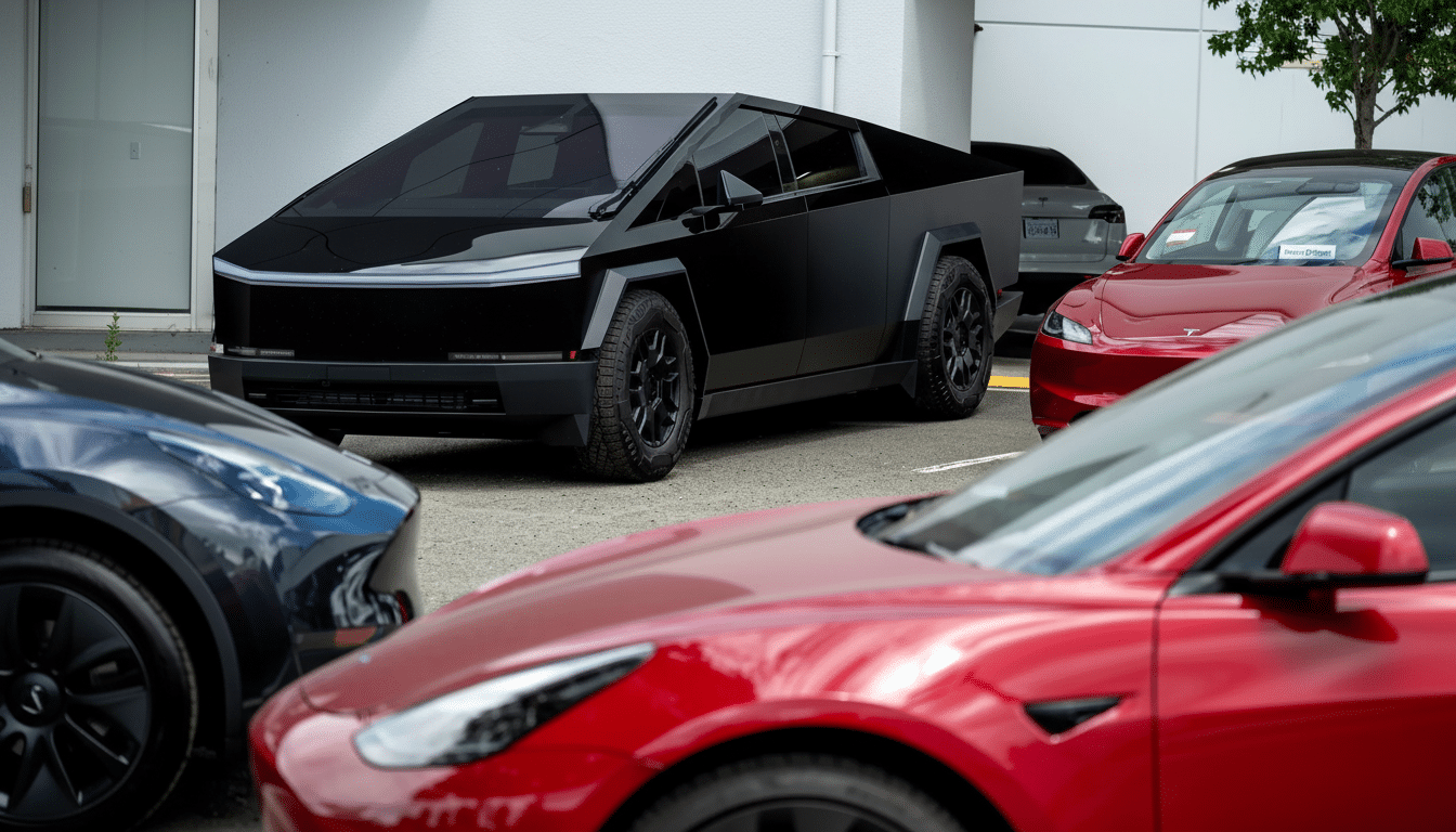 A black Tesla Cybertruck parked among other Tesla vehicles, resized to a 16:9 aspect ratio.