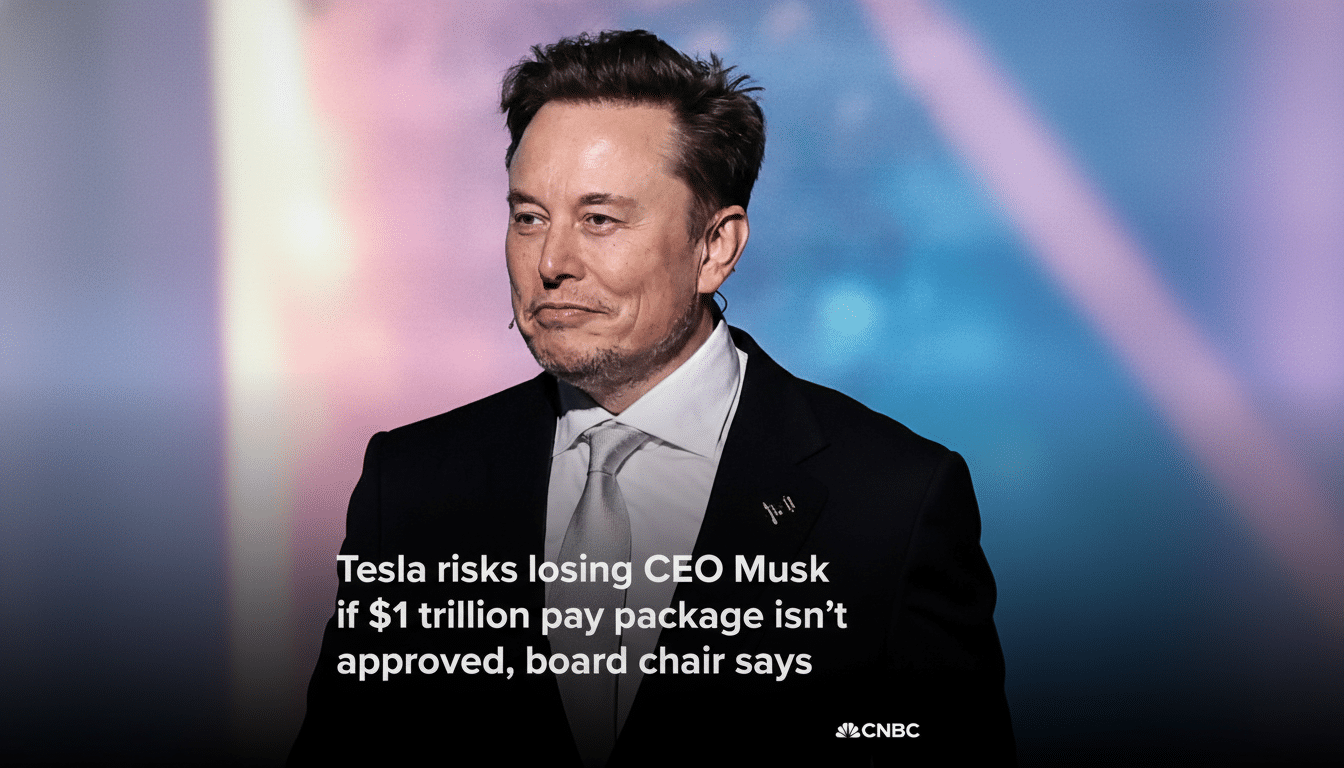 Elon Musk in a suit and tie, with the text Tesla risks losing CEO Musk if  trillion pay package isnt approved, board chair says and the CNBC logo.