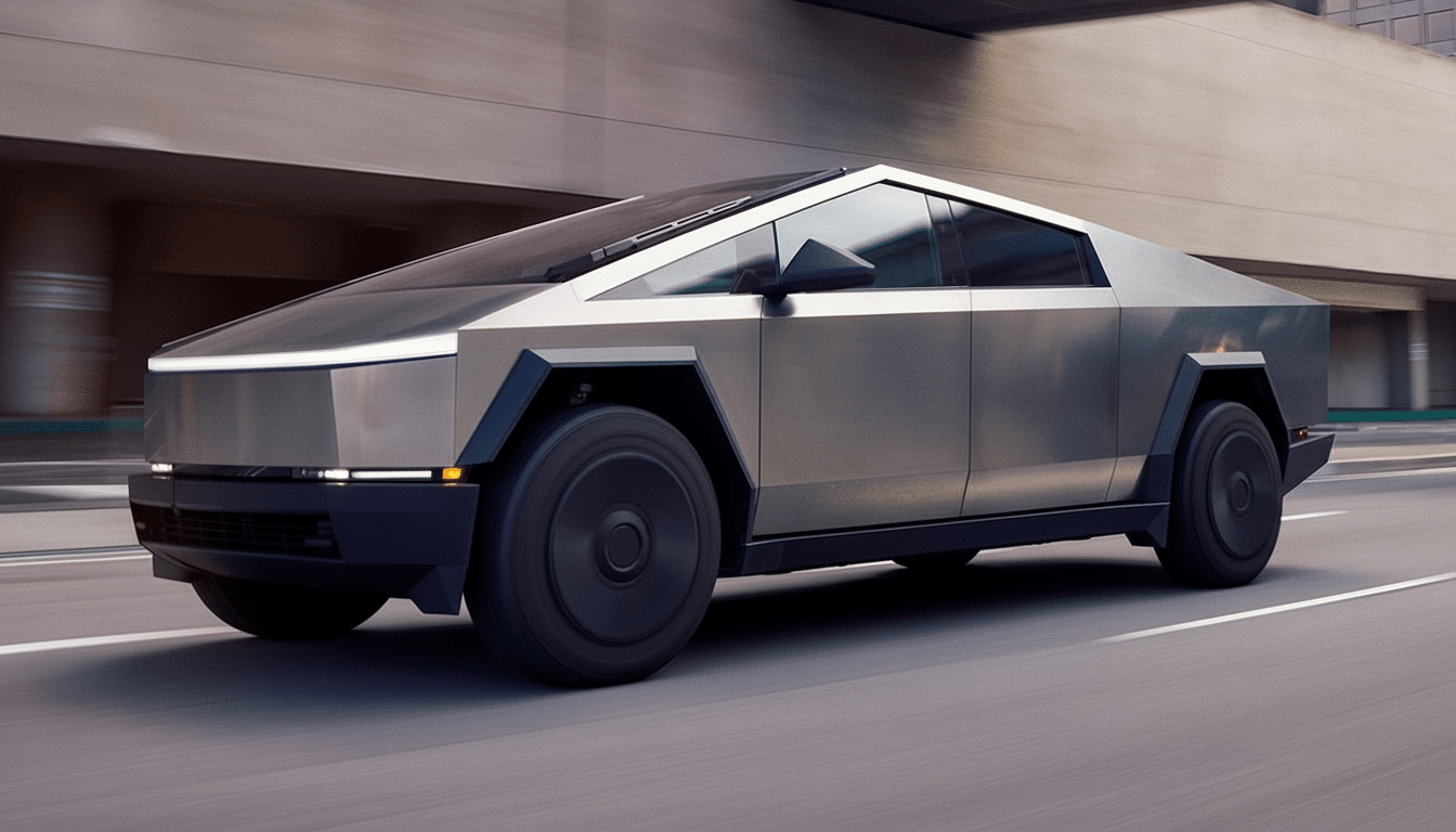 A Tesla Cybertruck driving on a city street.