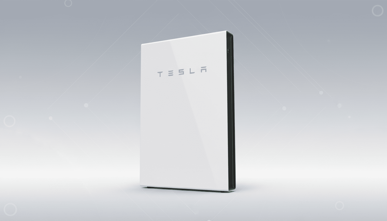A white Tesla Powerwall unit with the Tesla logo on the front, set against a professional flat design background with soft patterns and gradients.
