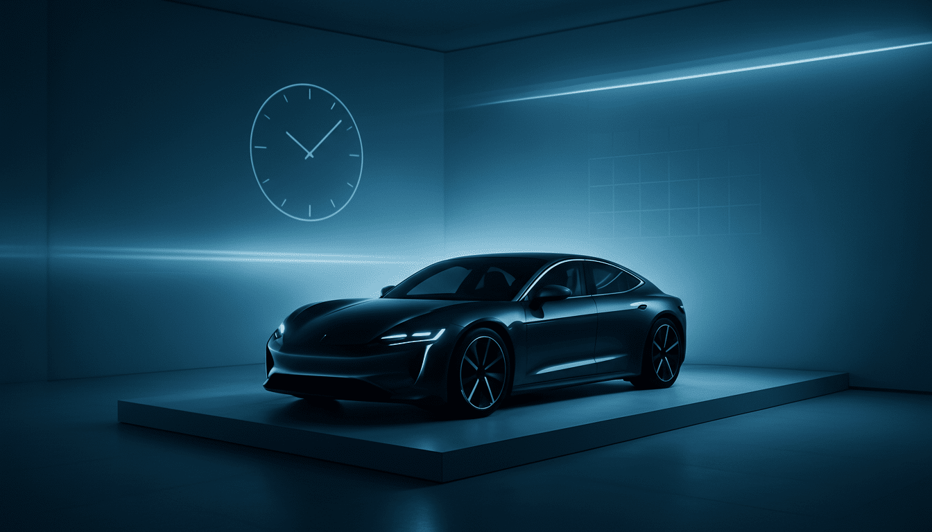 A sleek, dark blue electric car is displayed on a raised platform in a minimalist, blue-lit room with a clock graphic on the wall.