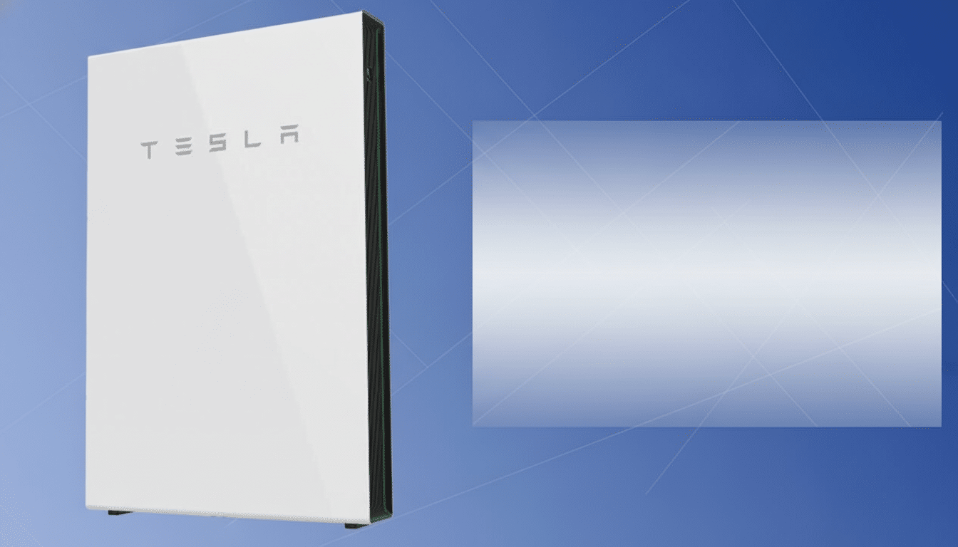 A Tesla Powerwall unit on the left, with a blank rectangular space on the right, all set against a blue background with subtle geometric patterns.