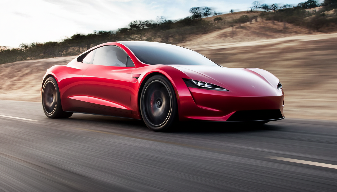 A sleek red Tesla Roadster driving on a winding road with a blurred background of hills and trees under a bright sky.