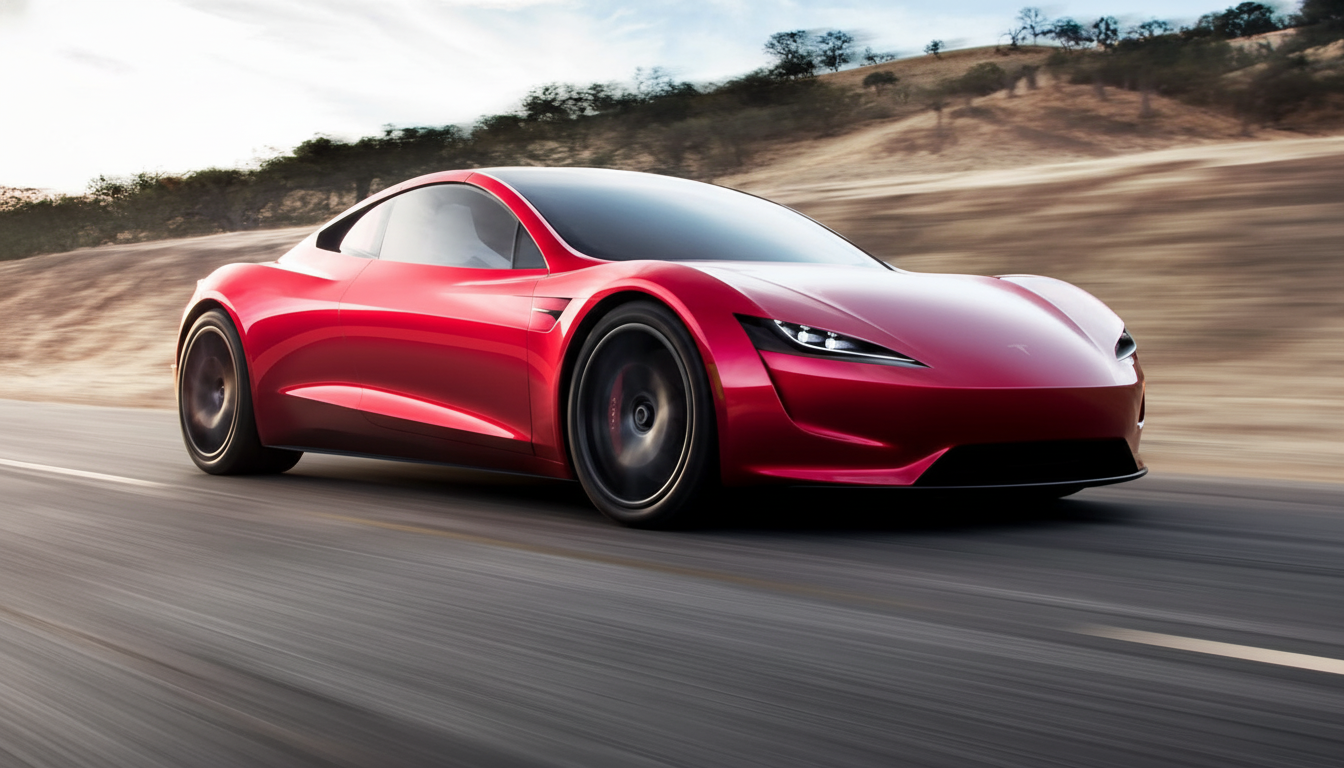 A sleek red Tesla Roadster driving on a winding road with a blurred background of hills and trees, resized to a 16:9 aspect ratio.