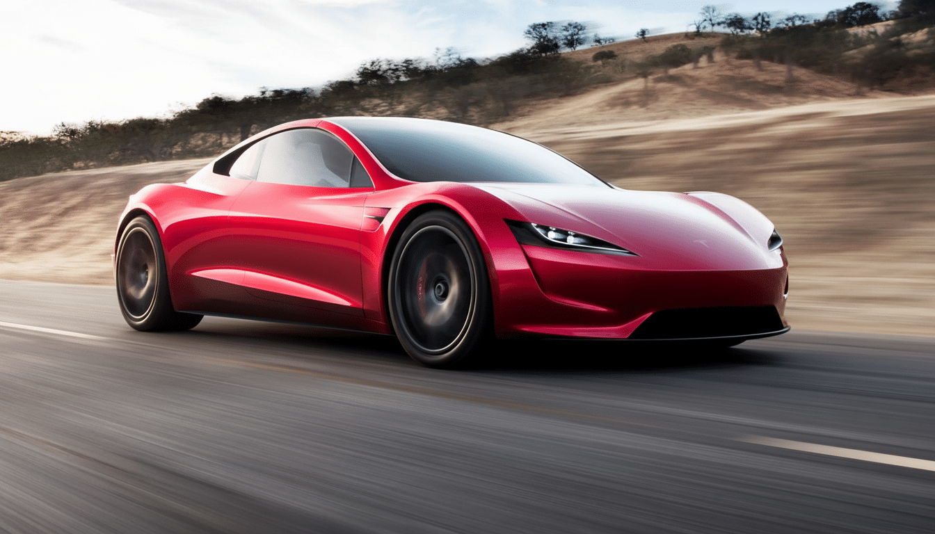 A sleek red Tesla Roadster driving on a winding road with a blurred background of hills and trees.