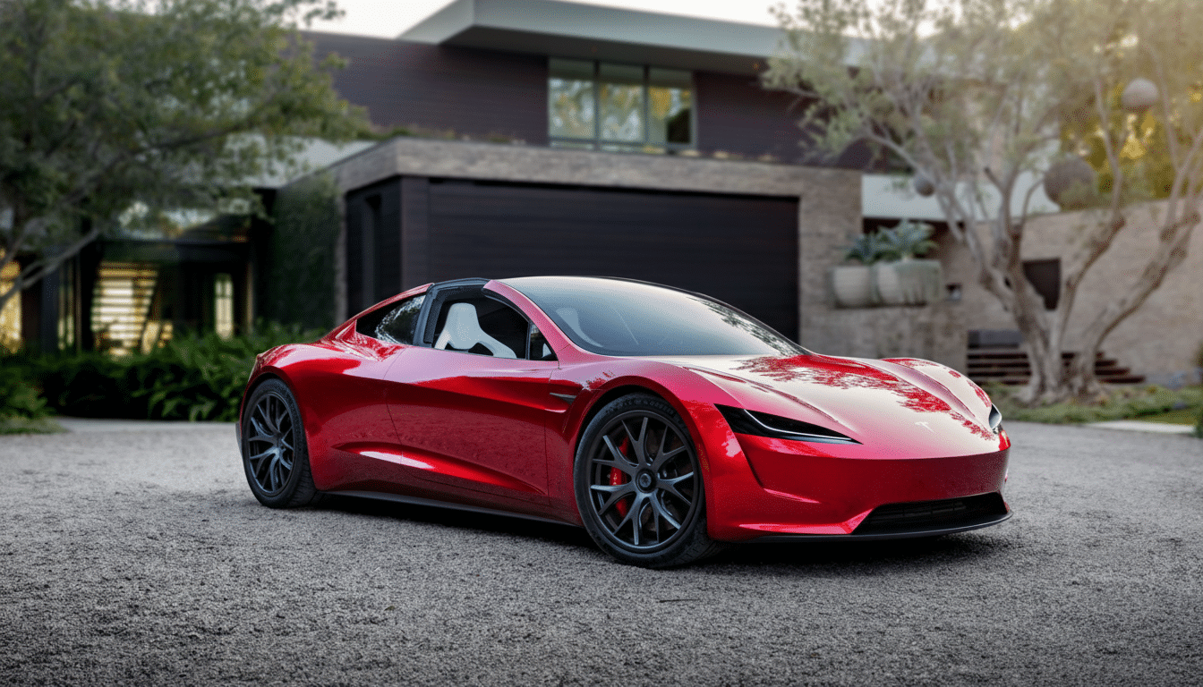 A red Tesla Roadster parked on a gravel driveway in front of a modern house.