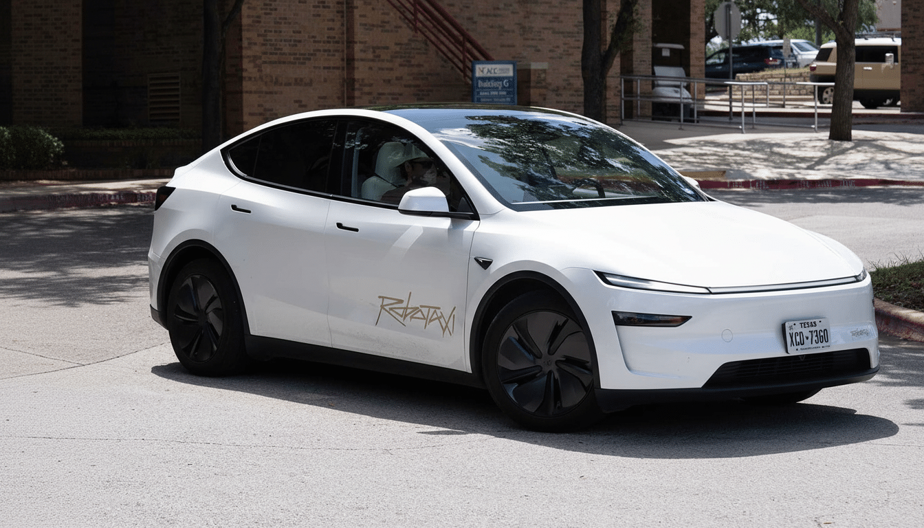A white electric car with a black roof and black wheels, featuring a custom gold graphic on the side, parked on an asphalt surface with a brick building and trees in the background.