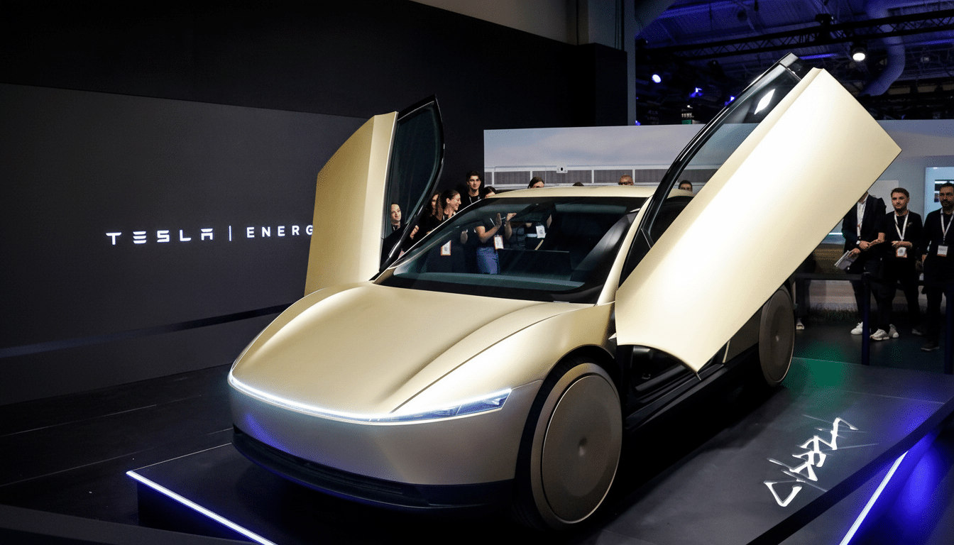 A gold Tesla car with its doors open, on display at an event with people in the background.