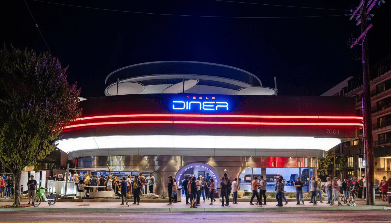 A Tesla Diner at night, with a sleek, modern design featuring bright neon lights and a crowd of people gathered outside.