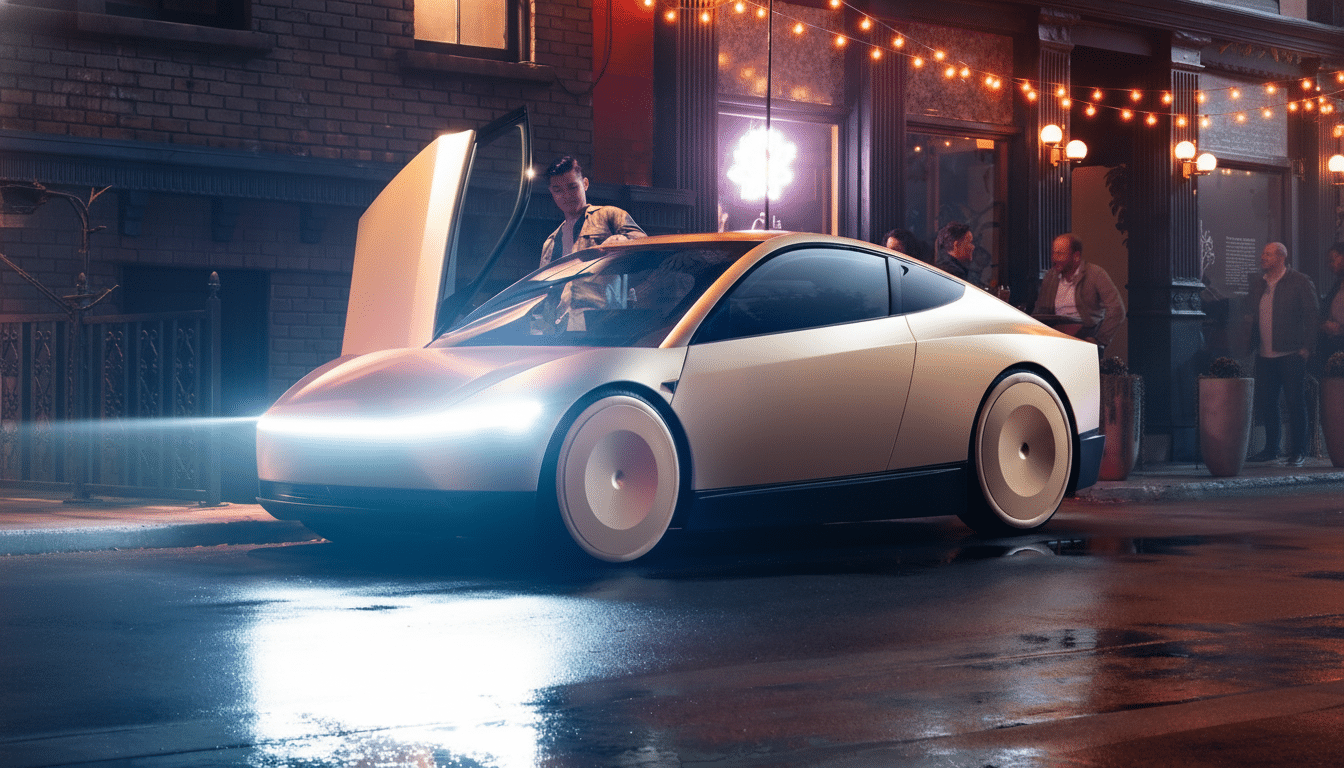 A sleek, futuristic car with its door open, parked on a wet street at night, with people and buildings in the background.