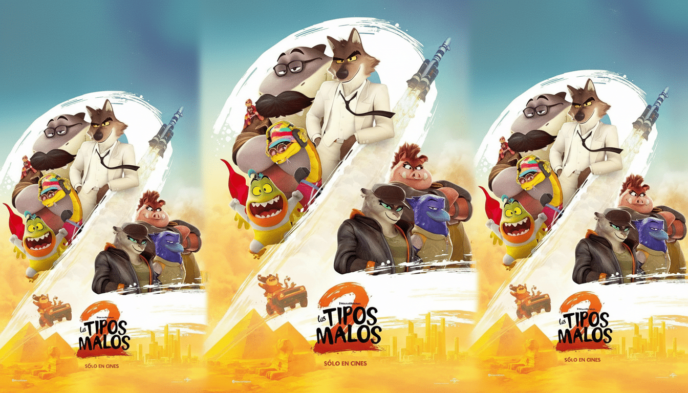 A movie poster for Los Tipos Malos 2 (The Bad Guys 2) featuring a group of anthropomorphic animal characters, including a wolf in a white suit, a shark, a snake, a piranha, and a tarantula, against a desert background with pyramids and a city skyline.