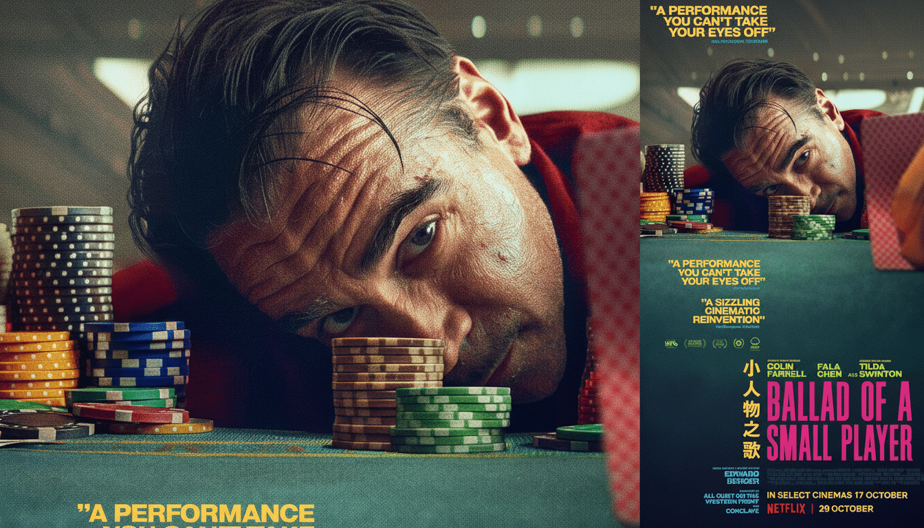 A man with dark hair and a red shirt is resting his head on a poker table, looking directly at the viewer. Stacks of colorful poker chips are in front of him. The original movie poster for Ballad of a Small Player is visible in the background, with text and logos.