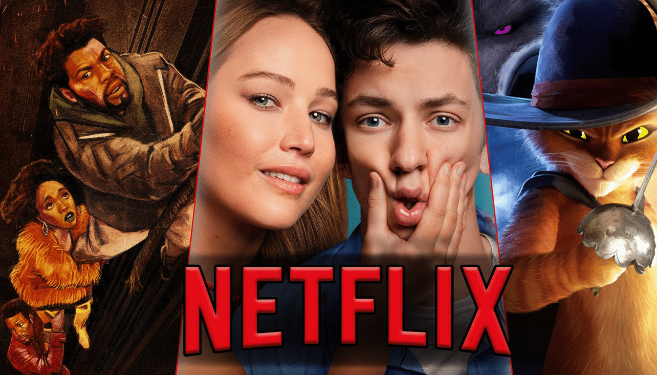 A 16:9 aspect ratio image featuring a collage of movie posters, including The School for Good and Evil, Do Revenge, and Puss in Boots: The Last Wish, with the Netflix logo prominently displayed in the foreground.