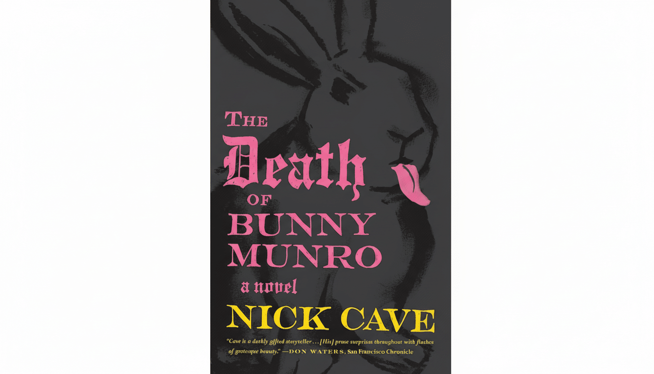 The book cover for The Death of Bunny Munro by Nick Cave, featuring a dark background with a faint rabbit outline and pink and yellow text, resized to a 16:9 aspect ratio with a professional flat gray background.