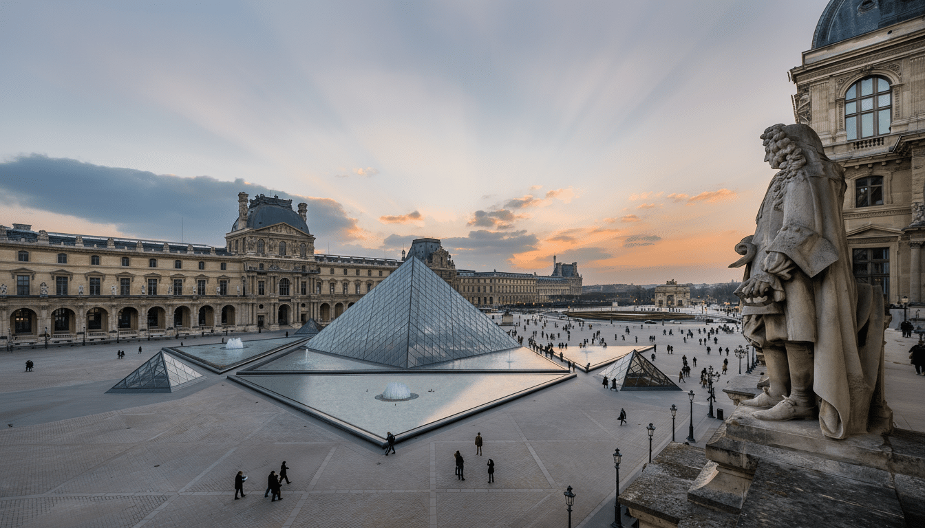 The Louvre Museum in Paris at sunset, featuring the glass pyramid entrance and a statue in the foreground.