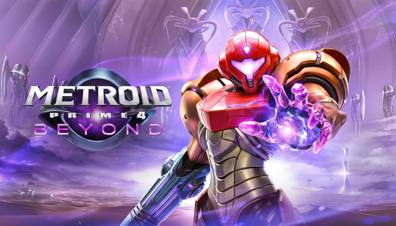 The Metroid Prime 4 Beyond logo with Samus Aran in her power suit, extending her hand with a glowing purple energy orb, set against a futuristic, purple-hued landscape.