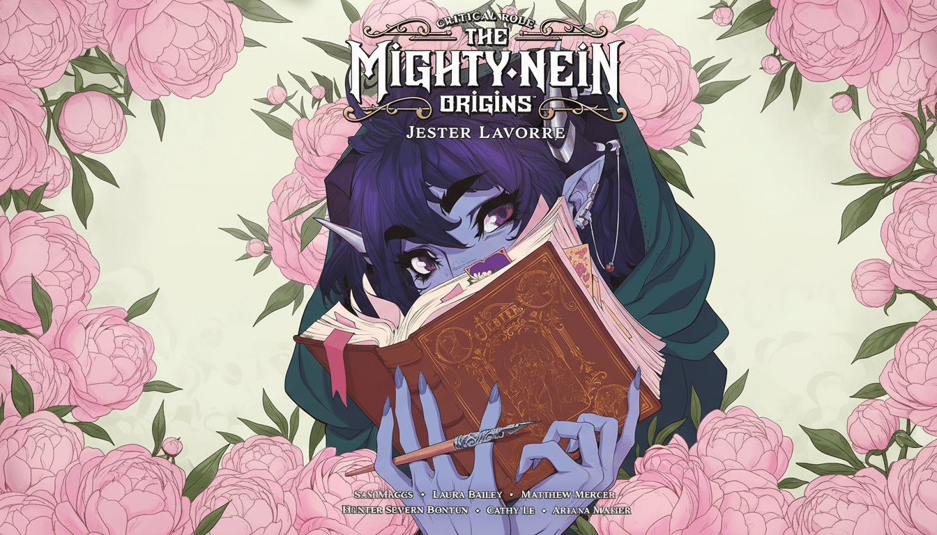 A 16:9 aspect ratio image of the Critical Role The Mighty Nein Origins Jester Lavorre comic book cover, featuring Jester Lavorre reading a book, surrounded by pink peonies.