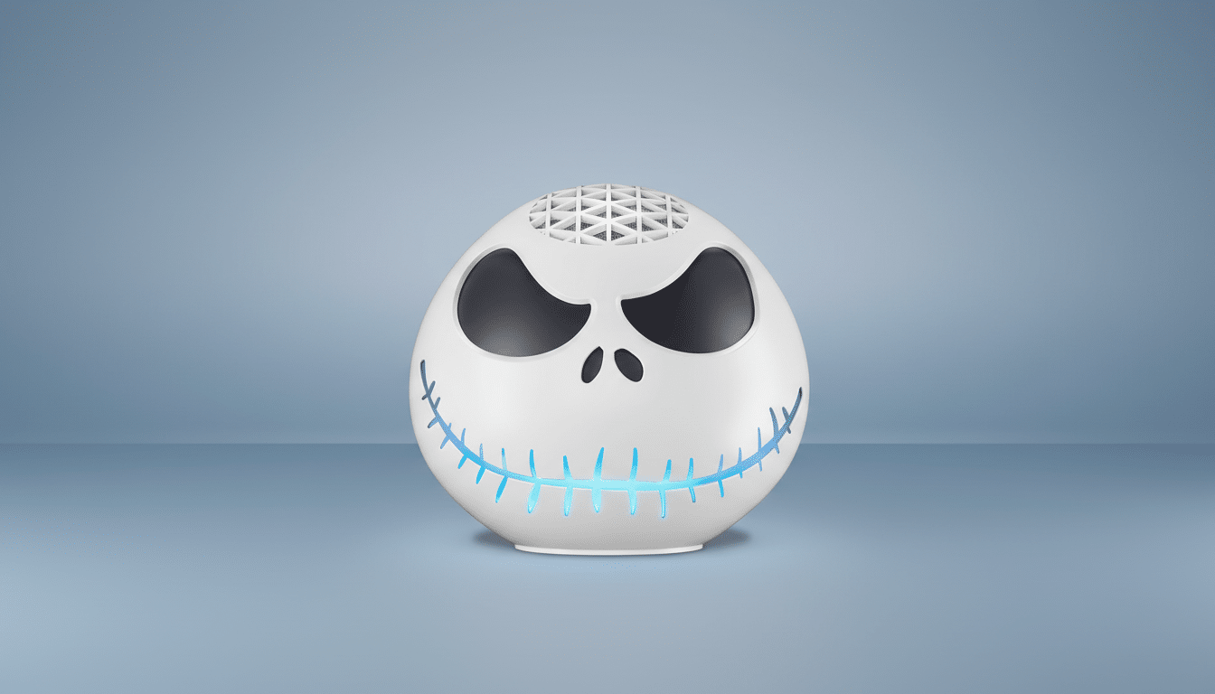 A white spherical speaker designed to look like Jack Skellingtons head, with glowing blue stitches for a mouth, set against a professional flat blue-grey background.