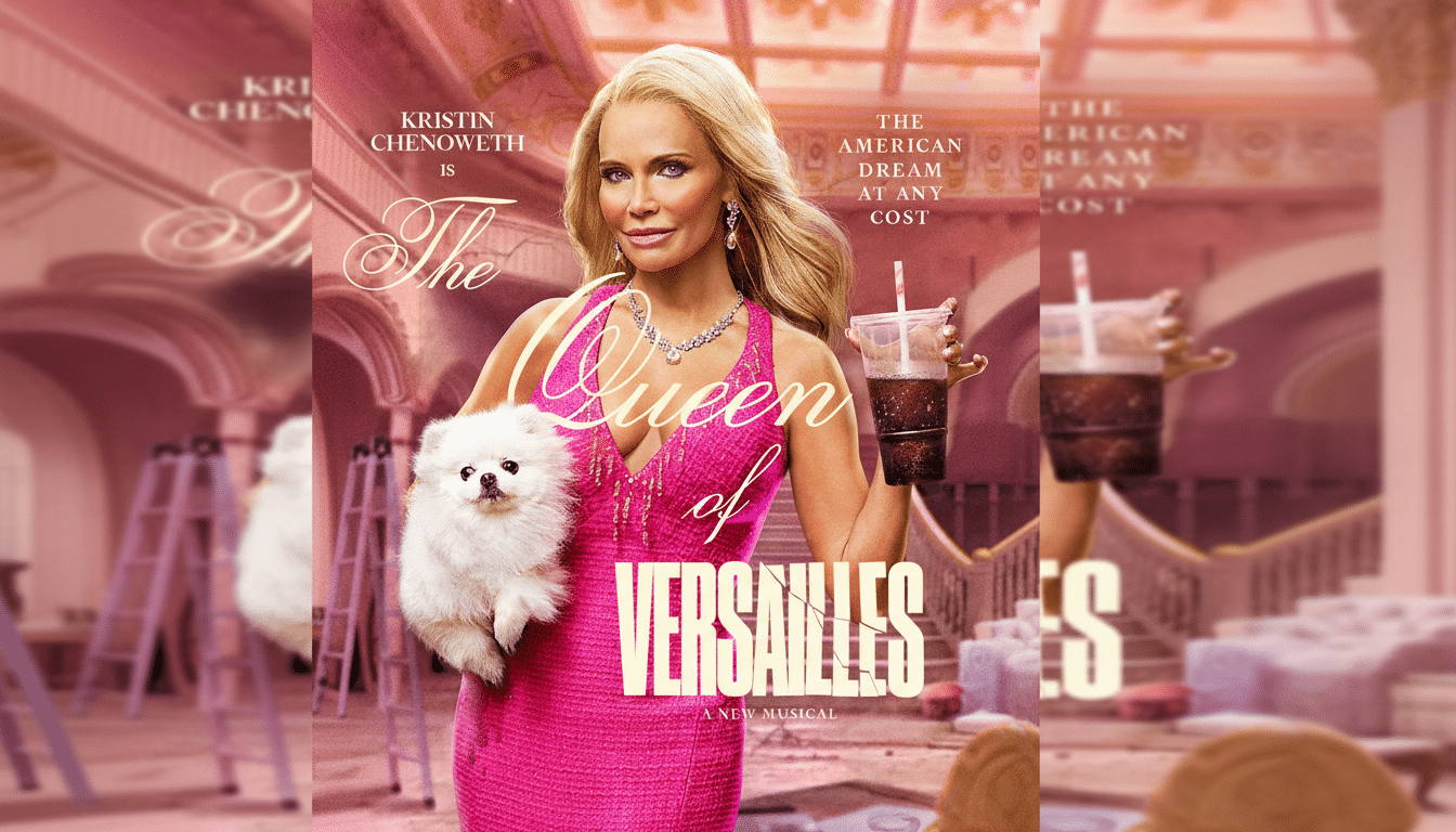 A promotional poster for The Queen of Versailles: A New Musical featuring Kristin Chenoweth in a pink dress, holding a small white dog and a drink.