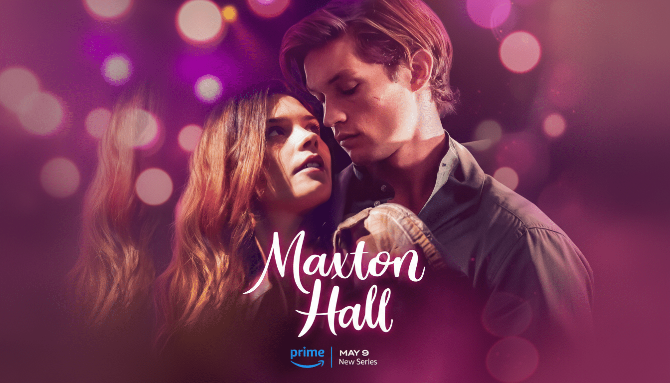 A promotional image for Maxton Hall featuring a man and a woman in a close embrace, with the title and release information at the bottom.