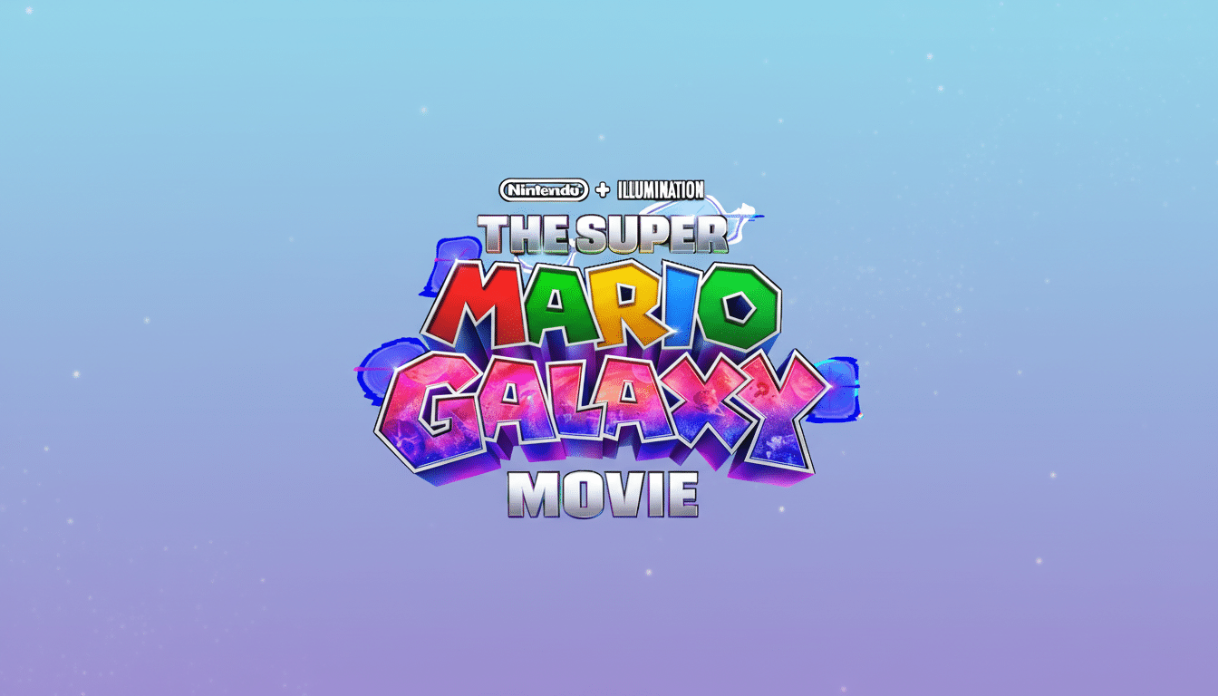 The Super Mario Galaxy Movie logo on a professional flat design background with soft gradients.