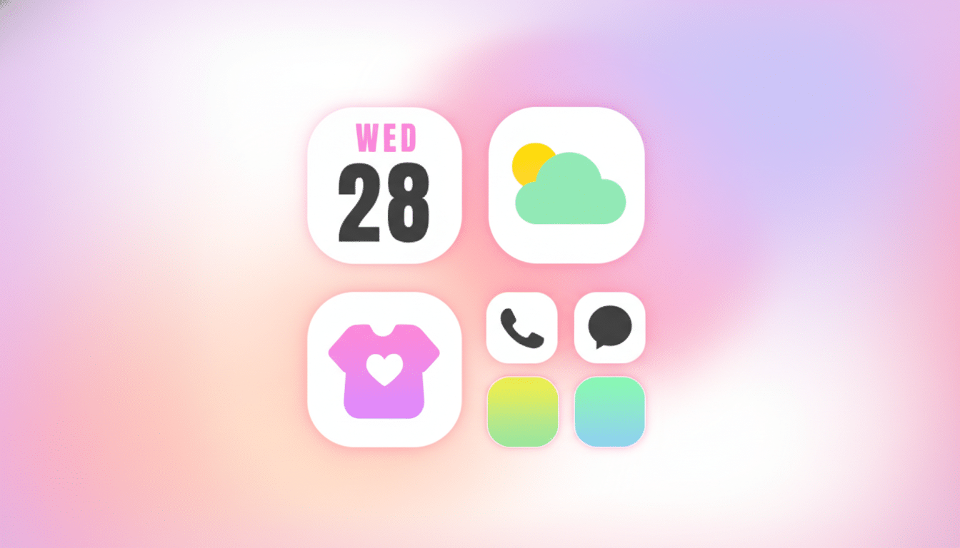 A 16:9 aspect ratio image featuring a set of app icons on a soft, gradient background. The icons include a calendar showing WED 28, a weather icon with a sun and cloud, a t-shirt with a heart, a phone icon, a chat bubble icon, and two blank gradient squares.