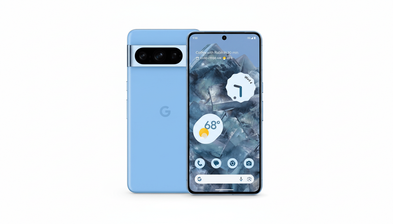 A light blue Google Pixel 7 Pro phone is shown from the front and back, with the front screen displaying a home screen with a weather widget and app icons. The phone is set against a clean white background.