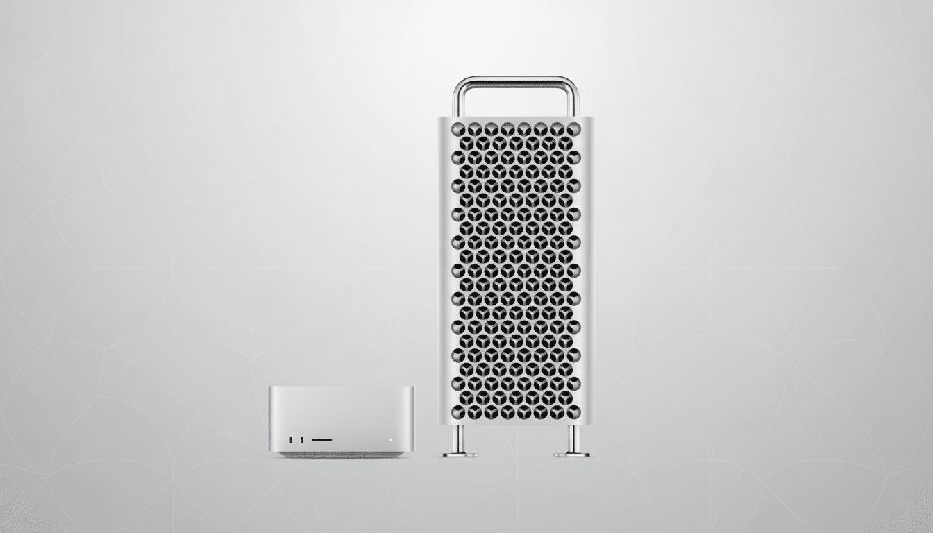A professional 16:9 aspect ratio image featuring a silver Mac Pro tower and a smaller Mac Studio desktop computer on a light gray background with subtle geometric patterns.
