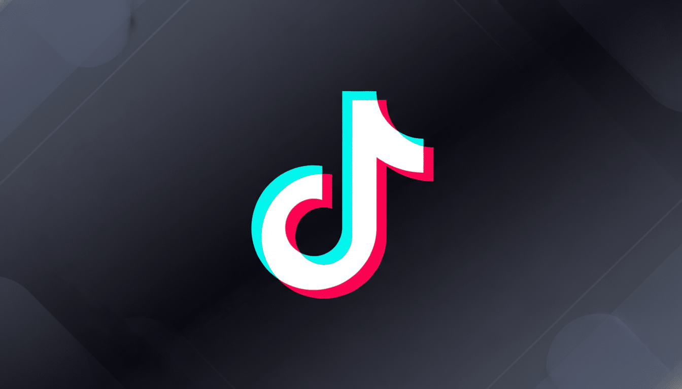 The TikTok logo, a white musical note with cyan and red shadows, centered on a dark gray background with subtle, soft-edged geometric patterns.
