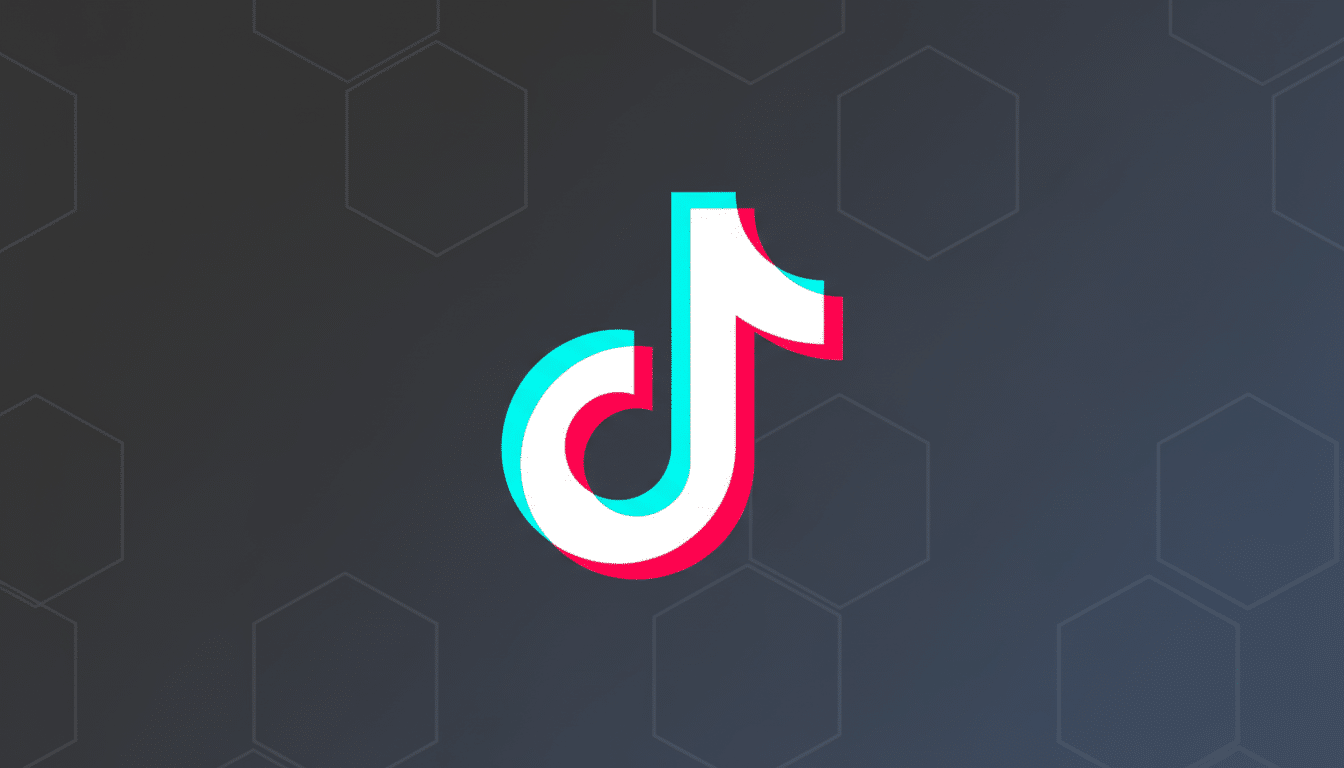 The TikTok logo, a white musical note with cyan and red shadows, centered on a dark gray background with subtle hexagonal patterns.
