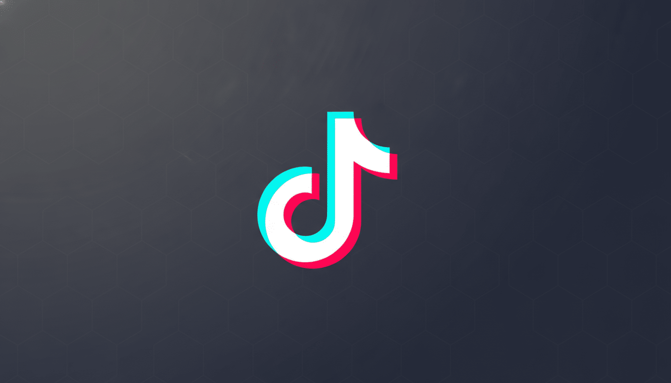 The TikTok logo, a white musical note with cyan and red shadows, centered on a dark gray background with a subtle hexagonal pattern.