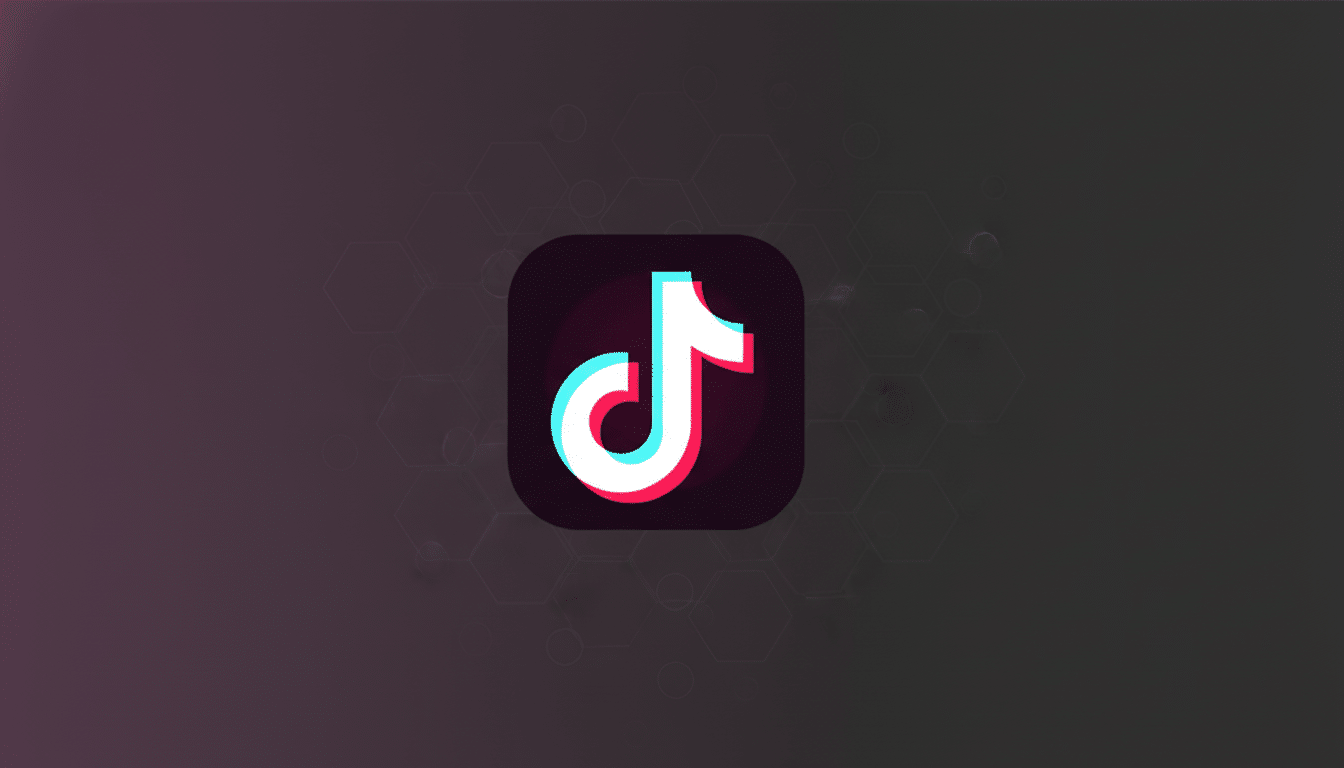 The TikTok app icon, a white musical note with cyan and magenta shadows, centered on a dark gray background with subtle hexagonal patterns and a soft purple gradient.