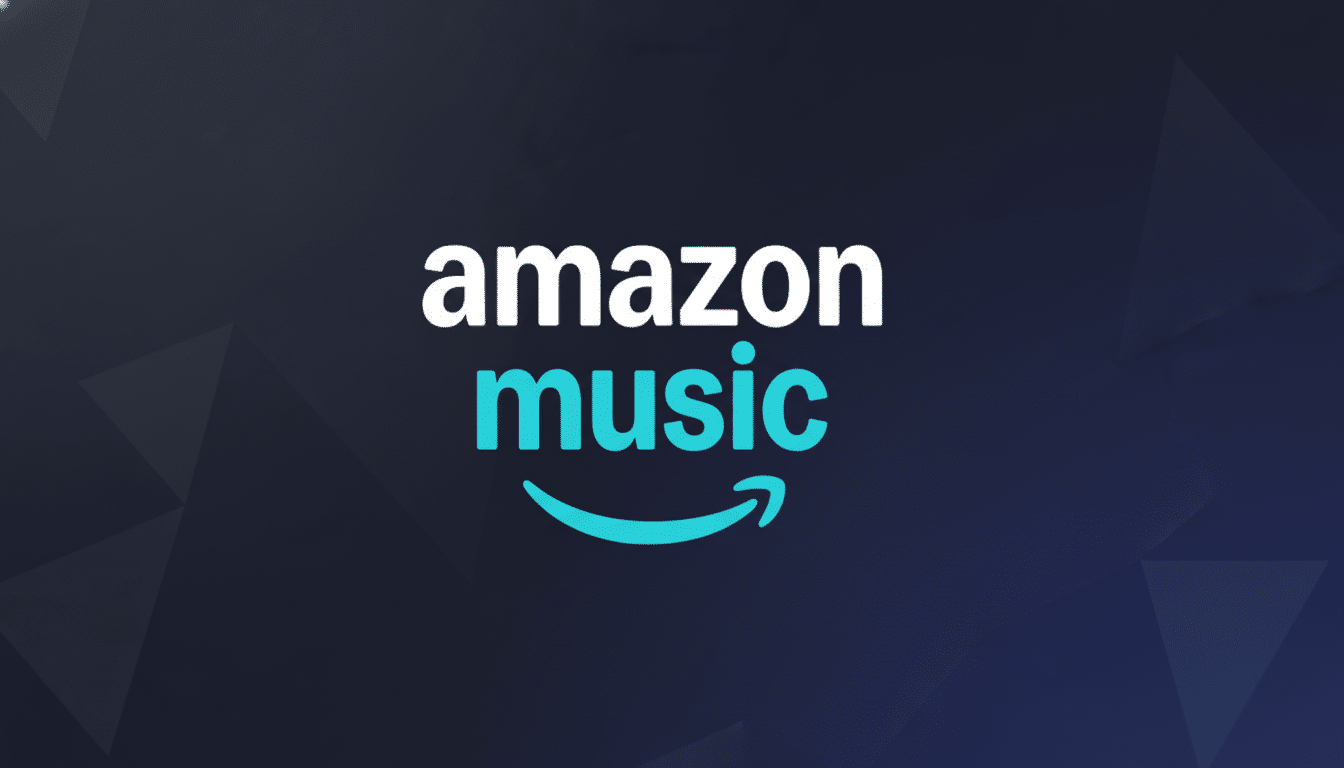 The Amazon Music logo, featuring amazon in white text above music in light blue text, with a light blue Amazon smile arrow underneath, all centered on a dark blue background with subtle geometric patterns.