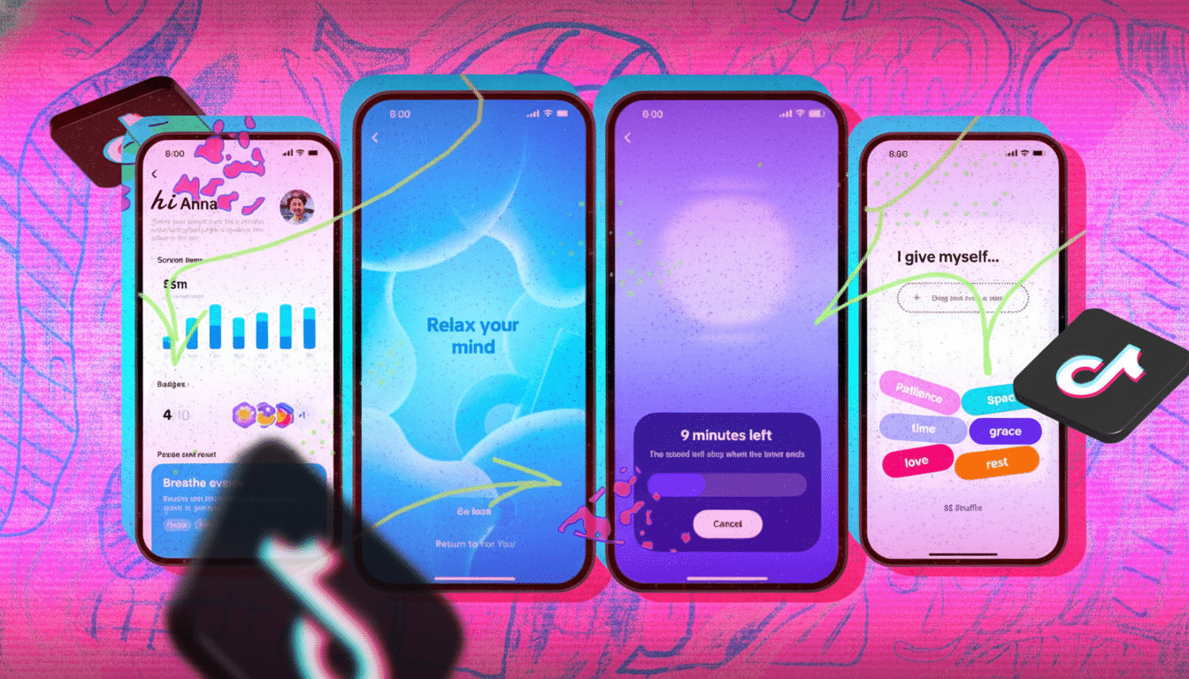 Four mobile phones displaying different screens of a meditation or wellness app, with a TikTok logo in the foreground.