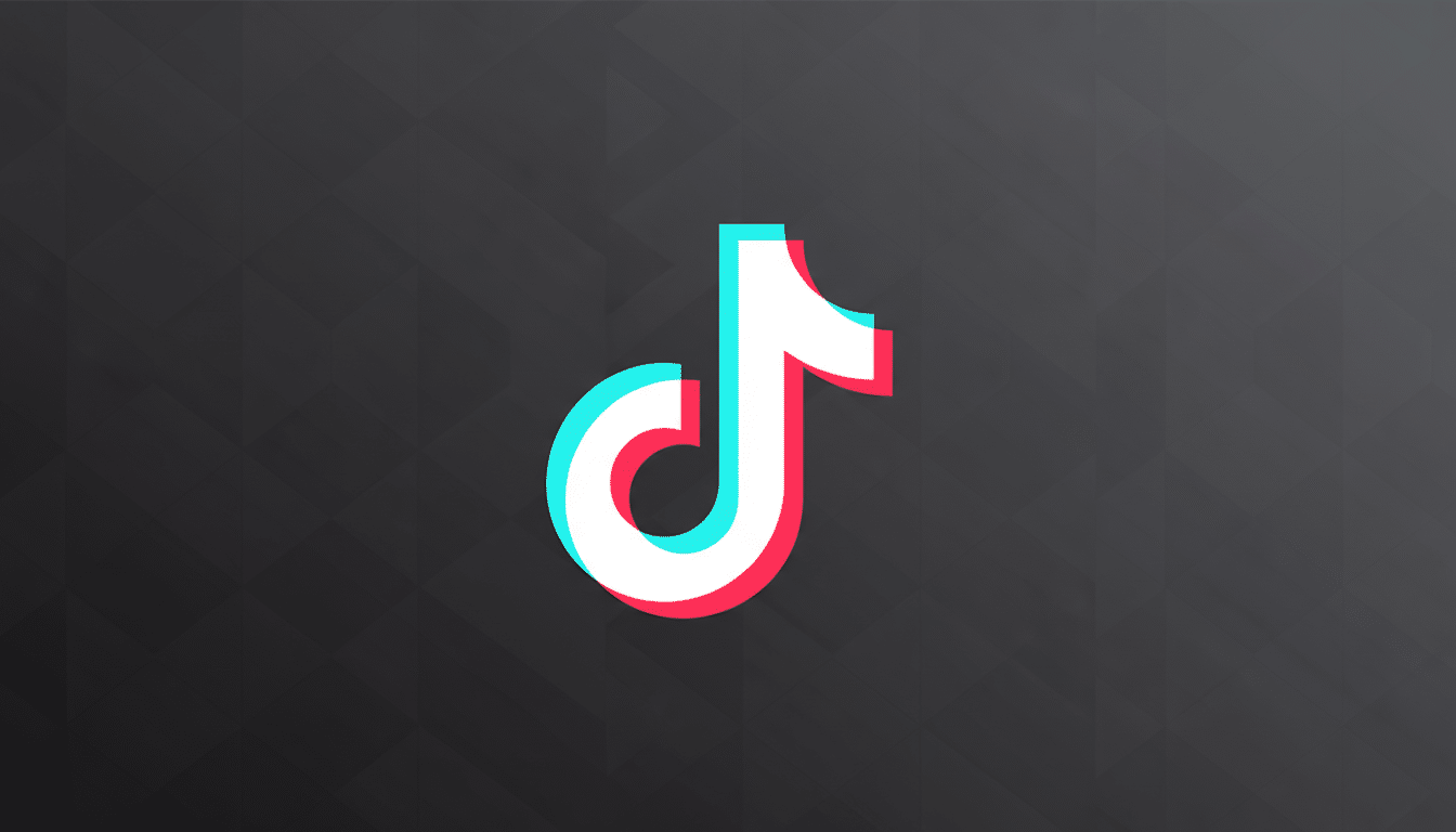 The TikTok logo, a white musical note with cyan and red shadows, centered on a dark gray background with a subtle geometric pattern.
